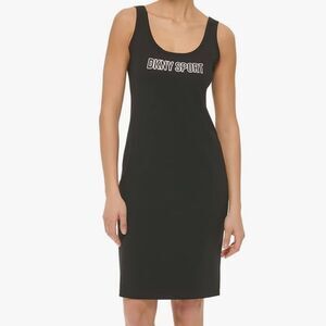 NWT DKNY SPORT Logo Scoop Neck Tank Mini Dress in Black w/ Silver Metallic XS